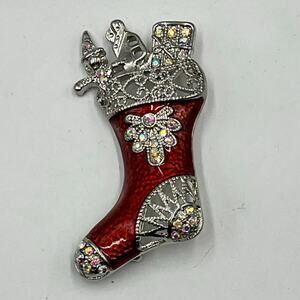 Red Enamel Silver Rhinestone Brooch Christmas Open Work Stocking Brooch Presents